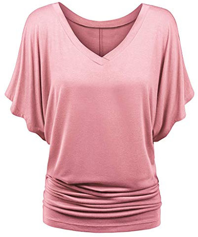 TIMEMEAN Femme Blouses Chemise à Manches Chauve-Souris Et Ourlet Replié Tunique De Couleur Unie à Manches Courtes Et Col en V De Grande Taille