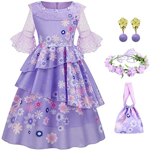 LCXYYY Isabela Madrigal Costume Cosplay Mirabel Isabela Viola Vestito da Ballerina con Ghirlanda e Borsa per Ragazze Travestimenti Halloween Natale Carnevale Principessa Compleanno Party Fancy Abito