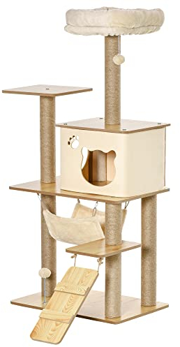 PawHut Kratzbaum Katzenbaum für Katzen Kletterbaum aus Holz mit Katzenhöhle Jutestämmen großer Plattform Spielbälle 130 cm Höhe stabil Plüsch Gelb 60 x 40 x 130 cm