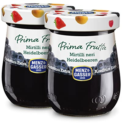 Menz&Gasser, Confettura Extra di Mirtilli Neri Prima Frutta, Realizzata con Frutta di Alta Qualità IQF, Lavorata con Passione in Trentino-Südtirol, Naturalmente Senza Glutine, Vegan, 2 Vasi da 340 g