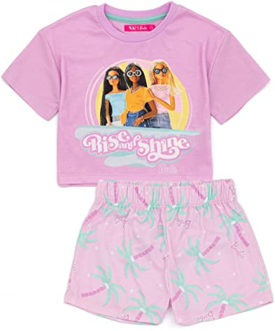 Barbie Pyjamas Courts pour Filles Les Enfants se lèvent et Brillent Poupée de Mode T-Shirt Rose Crop Shorts élastiques Vêtements Vêtements de Nuit Marchandises