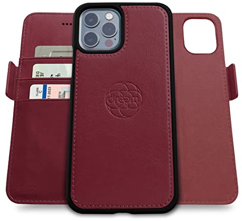 dreem Fibonacci wallet case compatible with iPhone 13 Pro Max / 2-in-1 shockproof case and detachable vegan leather folio, MagSafe compatible, RFID protection [Burgundy]