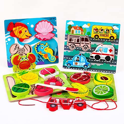 Holzpuzzle für Kinder,Holzperlen Einfädeln Spielzeug,Holzspielzeug Schneiden,Holzspielzeug 3D Kinder Holzpuzzle Steckpuzzle Holz Montessori Spielzeug Lernspielzeug