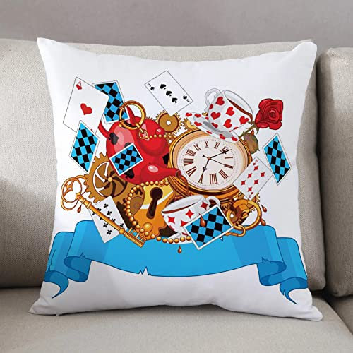 Cushion Covers 50 x50cm Square Throw Pillow,Alice in Wonderland,Mad Design of Cards Clocks Tea Pots Keys Flowers Fant,Decorative Sofa Cushion Covers for Bedroom Couch Living Room with Invisible Zipper