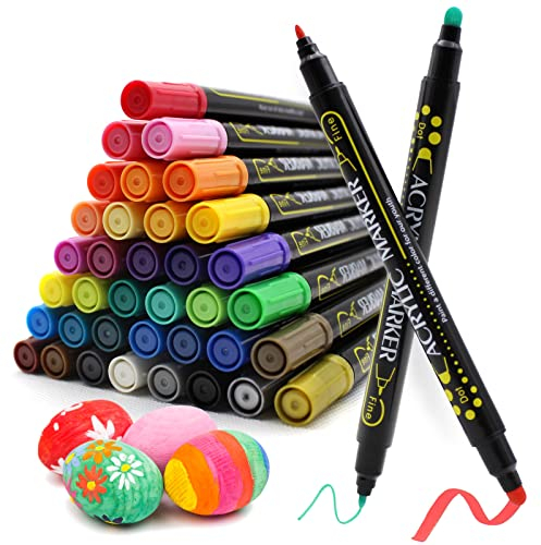 HOHAN Marqueur Peinture Acrylique,36 Colors Double pointe pinceau et fine Permanent Acrylique Stylos imperméables à séchage rapide pour pierre,Céramique, plastique,verre, toile, bois