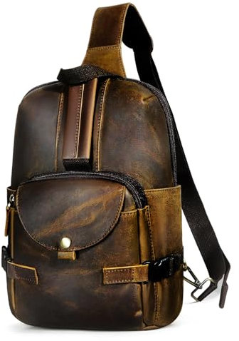 Handadsume Dick Crazy Horse Leder Dreieck Umhängetasche Sling Brusttasche Reisen Eine Umhängetasche Daypack für Männer Männer 8013 (3028 braun)