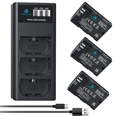Homesuit LP-E6 LP-E6N Battery 2750mAh and LCD Charger Compatible with Canon EOS 80D, 90D, 5D Mark II/III/IV, 5DS, 5DS R, 6D, 60D, 6D Mark II, 7D, 7D Mark II, 70D, XC15, RA, R5, R6, BMPCC 4k 6k(3-Pack)