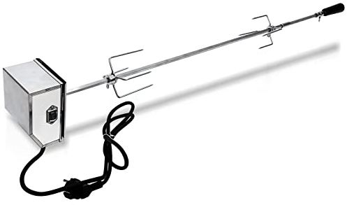 Yakimz Grillspieß Set, Drehspieß mit 2X Fleischnadeln, 107cm Grillspieß mit Edelstahl Motor 220V - 240V, Universal Rotisserie Traglast 10 kg