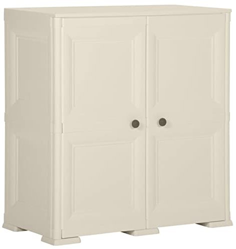 Homgoday Kunststoffschrank 79 x 43 x 85,5 cm Holzoptik Vanille, platzsparender Schrank für den Außenbereich, Balkonmöbel für Wohnzimmer, Büro, Schlafzimmer, Badezimmer