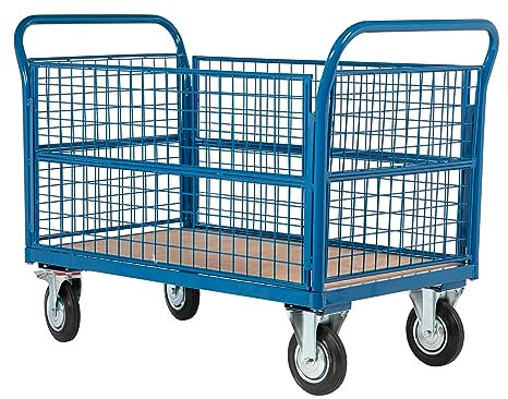 Flatbed Platform Trolley, Heavy Duty Steel Dolly Cart on Wheels with Mesh Attachments (Base + x2 Mesh Ends & x2 Mesh Sides)