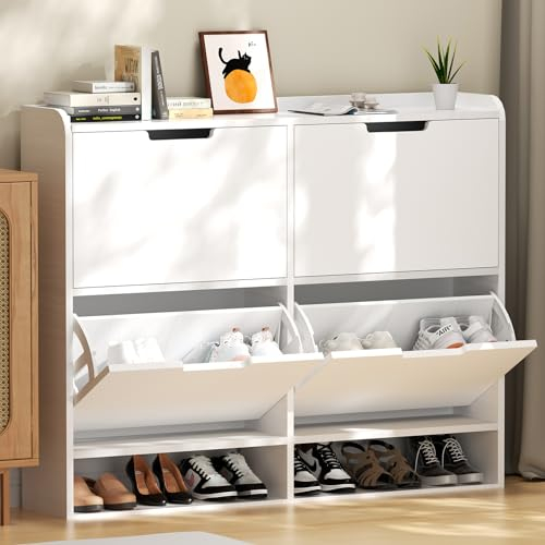 kyaoayo Schuhkipper mit 4 Klappen, Weiß Schuhschrank Organizer, Aufbewahrung für Schuhe, Praktisches Schuhregal, Schuhkommode Schuhablage für Eingang Flur Diele