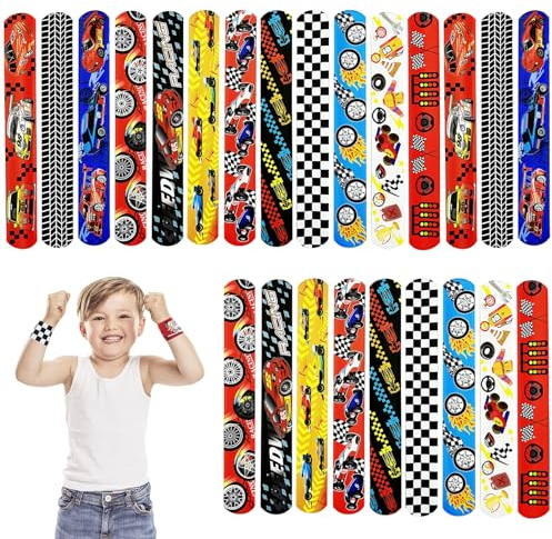 POPOYU 24 Stück Rennwagen Schnapparmbänder Kinder,F1 Zielflagge Armband Kindergeburtstag Gastgeschenke,Mitgebsel Hot Wheels Geburtstag,Rennwagen Mitgebsel Slap Armbänder für Rennwagen Kleine Geschenke