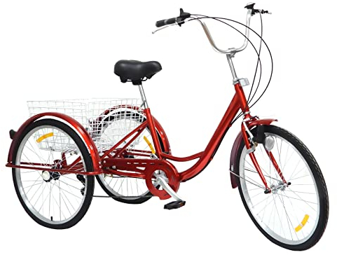 WDRENTOOL Dreirad Erwachsene, 24 Zoll 3 Rad Fahrrad für Erwachsene, Shimano 6 Gang Cruise Trike Cargo Bike mit Korb, Radfahren Fahrrad für Outdoor Sport Einkaufen (Rot)