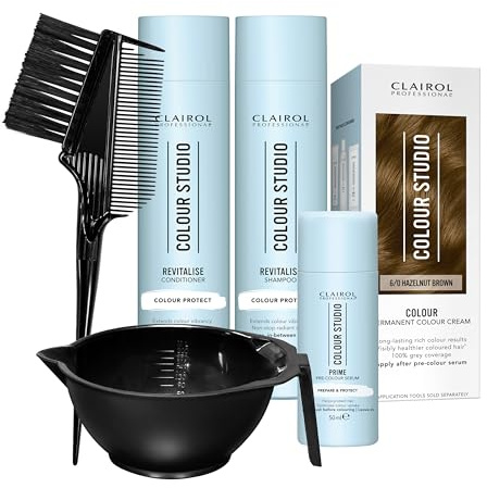 Clairol Professional Colour Studio Permanent Colour Cream Hair Dye | Long-lasting Rich Tones | 100% Grey Coverage | Hair Colouring Kit | 3-step Routine with Accessories | 6/0 Hazelnut Brown