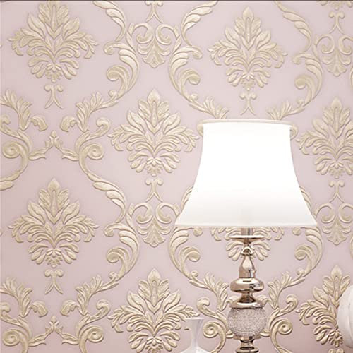 YNTHime Non-Woven Wallpaper 3D European Damask Warm Bedroom Living Room TV Background Non-Pasted Wallpaper 1.73' W x 32.8' L (Pink)