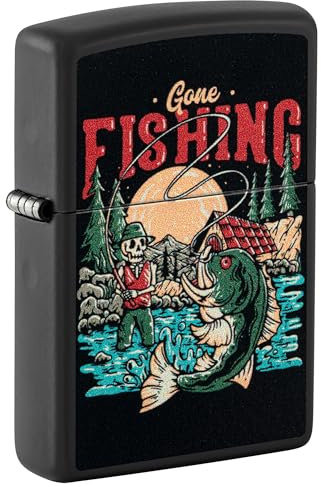 Zippo Sturmfeuerzeug - Modell Gone Fishing - Black Matte Finish mit Color Image - Nachfüllbar - Wiederverwendbar - Windfestes Design - Geschenkbox - Made in USA