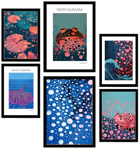 Nacnic 6er-Set Kusama-Fisch Gerahmtes Poster mit Design-Illustrationen zur Dekoration der Wände Ihres Zuhause Zimmer Büro Laden Malerei im A3 & A4 Schwarzer Rahmen