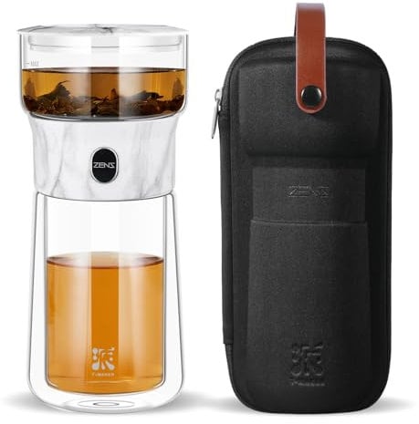 ZENS Modern Solo Glass Tea Infuser Teapot, Smart One Touch Drip Tea Pot for Gongfu Tea Diffusers, Small Loose Leaf Teapot with 270ml Insulated Cup and Portable Tea Kits for Tea Lovers Gifts