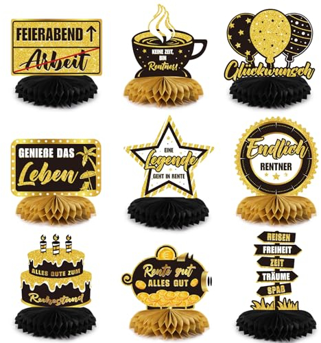 BETESSIN Ruhestand Geschenke für Männer - 9er-Set Ruhestand Tischaufsätze für Rentner - Bienenwabe Mittelstück - Rente Tischdeko und Pension Geschenkidee zum Renteneintritt - Schwarz-Gold