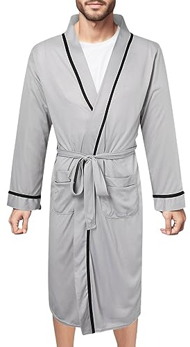 WAZHAKU Men's Lightweight Cotton Dressing Gown Long Sleeves Travel Bathrobe Kimono Sauna Gown Man Leisure Loungewear with Pockets and Belt House Coat Long Dressing Gown Bathrobe