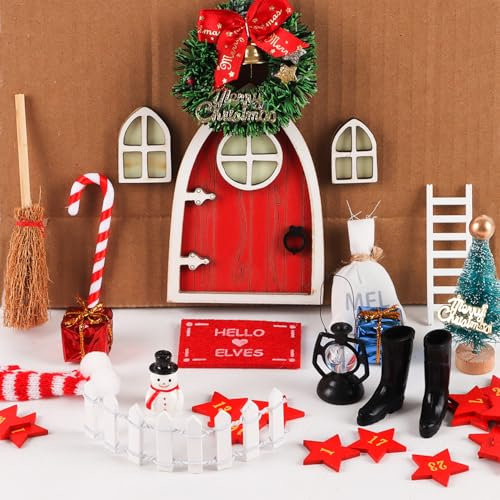 SULOLI Dollhause,Wichteltür Zubehör Weihnachten,Weihnachtswichtel Tür Set,Elfentür Holz,Weihnachtsdeko Feentürchen-Set für Kinder Party Geschenke