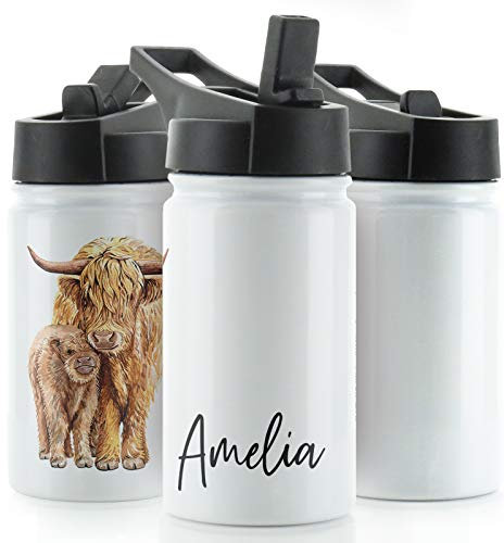 Personalised Water Bottle, 350ml White Sports Flask with Straw Cap Flip Lid, Stainless Steel, Customised with Initial / Name, Mother and Baby Highland Cow and Calf Design Print, Cow Water Bottle
