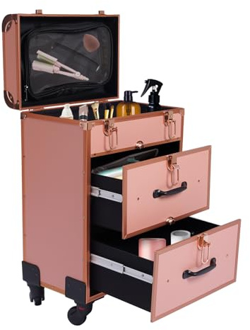 HuKaiL Kosmetikkoffer Trolley Schminkkoffer 3 Ebenen, Makeup Trolley Case mit Rollen, Mobile Kosmetik mit Spiegel und 50Kg Tragkraft, Schminkkoffer Profi mit Verstellbare Beine, 36 * 23 * 58cm, Gold