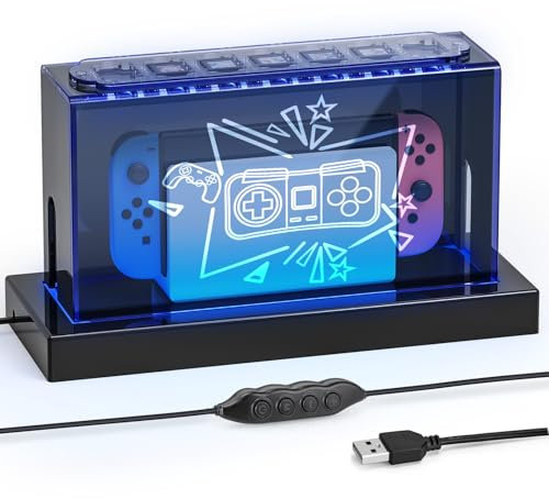 Jubor Cubierta Antipolvo Acrílica para Switch/Switch OLED, Funda Antipolvo con 10 Colores de Luz LED RGB y Base Iluminada, Juego de Accesorios Acrílico Carcasa Transparente para Switch/Switch OLED