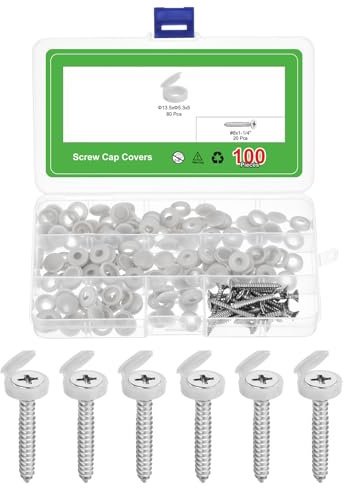sourcing map 80Pcs Light Grey Color Screw Covers Caps with 20Pcs #8x1-1/4 (4.2 x 32mmmm) Stainless Steel 304 Flat Head Wood Screws for TV or Furniture (PVC)