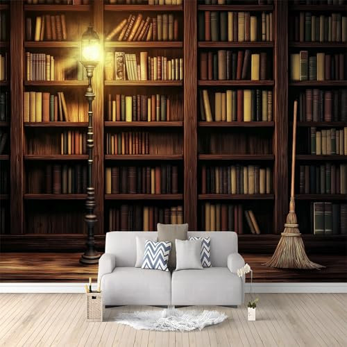 3D Printed Wallpaper Retro Old Library Wooden Bookshelf Non-Woven Mural 350 x 256 cm Modern Photo Dark Yellow Wallpaper Living Room Home Decoration Wall murals Suitable for Children's Room