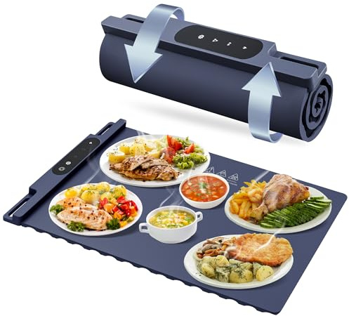 OMEO Food Warming Mat - Electric Warming Tray with 3 Temperature Settings and 1-4 hours Timer, Full Surface Graphene Food Warmer, Premium Rollable Silicone Heating Mat Food, Gatherings, Parties(Grey)