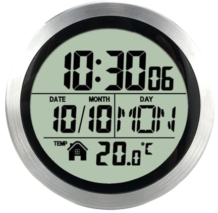 Tokenhigh Radio Control Wall Clock, Round Wall Mount Clock, Waterproof Quartz Wall Clocks, Radio Controlled Silent Non-Ticking, LCD display with day/date, Temperature display(Silver)