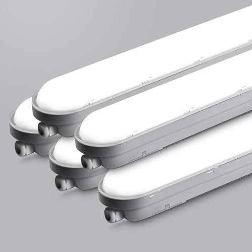 TONFFI 5 Stück Feuchtraumleuchte 120CM, 36W 4500LM LED Feuchtraumlampe, 6000K Kaltweiß Röhrenlampe Komplett, Verknüpfbar IP65 Wannenleuchte Werkstattlampe Keller Deckenleuchte für Garage