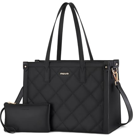 MOSISO Laptop Tote Bag for Women, 15.6 inch PU Leather Rhombus Quilted Work Bag with Cup Holder & Clutch Purse, Large Capacity Teacher Computer Briefcase for Business Office, Black