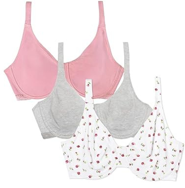 Fruit of the Loom Women's Unlined Underwire Bra-Cotton & Spandex Blend for Natural Shape and Flexibility Full Coverage, 0.0 inches, Dancing Rosebuds/Lilas/Grey, 34D (Pack of 3)