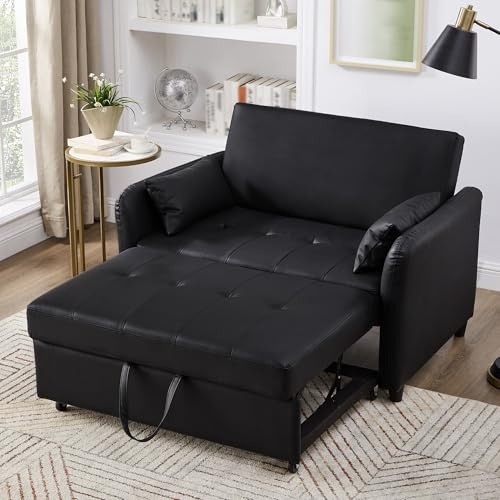 Klappsofa mit Schlaffunktion, 2 Sitzer Sofa mit Verstellbare Rückenlehne, Schlafcouch Ausziehbar, Couchbett Schlafsofa mit Bettkasten, Kleine Sofas für Kleine Räume, 122x83 cm, Schwarz