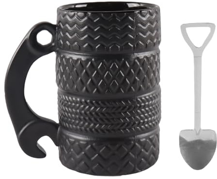 Enwye Creative Tire Shaped Ceramic Mug with Spoon 500ml, Large Ceramic Coffee Cup, 3D Handle Car Cup, for Men, Dad, Car Lovers, Mechanics