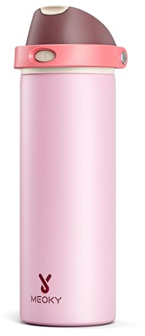 24 oz Insulated Water Bottle for Sports: Meoky Stainless Steel Water Bottle with Straw and Spout Lid - Leak Proof, Cold for 24 Hours, Fits in Car Cup Holder, BPA-Free for Women Travel, Angel Food Cake