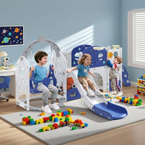 UISEBRT Kinderrutsche mit Schaukel, Kletterleiter, Tunnel, Stauraum, Basketballkorb und Spielteleskop, Großes Kunststoffrutschenset aus HDPE & PP,freistehend Indoor & Outdoor, 9-in-1