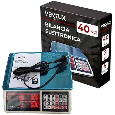 Bilancia Elettronica digitale 40 kg – Bilancia Digitale Professionale con Display LED, 5 Memorie, Funzione Tara e Conteggio – Bilancia da Banco per Negozi, Mercati e Attività Commerciali | Batteria ricaricabile – Piatto in acciaio inox – Per negozio e mercato – Tara e azzeramento