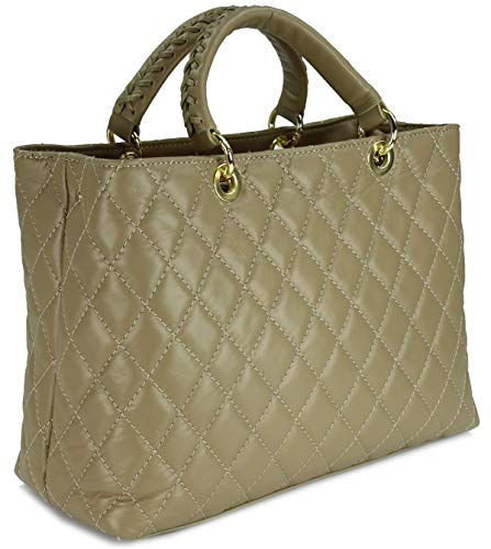 Belli edle italienische Echt Nappa Leder Damentasche Henkeltasche Umhängetasche gesteppt in schlamm fango - 34x25x17 cm (B x H x T)