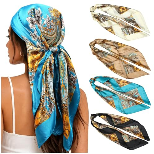 AWAYTR 4-Pack 35 Satin Head Scarves for Women, Silk-like Hair Bandanas