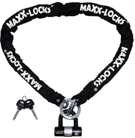 Kettenschloss mit Bügel für Scooter, Roller, Mofas und E-Bikes - Scooter Schloss - Sicherheitsschloss mit Schlüssel - Stahlkette für Anti-Diebstahl - 150 cm - 4,2 kg - ART3-zertifiziert - Maxx-Locks