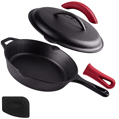 cuisinel Cast Iron Skillet with Lid - 10''-inch Pre-Seasoned Covered Frying Pan Set + Silicone Handle and Holders Scraper/Cleaner Indoor/Outdoor, Oven, Stovetop, BBQ, Camping Fire, Grill Safe Cookware