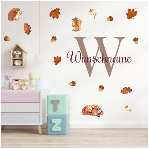 yabaduu Wandsticker personalisiert Sticker Aquarell Tiere mit Name Wandtattoo für Kinderzimmer Babyzimmer Spielzimmer Mädchen Junge Y037 (Nr. 4 Tiere im Herbst, Mit Wunschname)