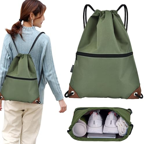 CINY Sac à Dos Pour Gym Avec Cordon De Serrage Pour Hommes Et Femmes Avec Fermeture à Glissière, Sac à Cordon Imperméable Pour La Plage, La Natation, La Randonnée, Les Voyages (vert)