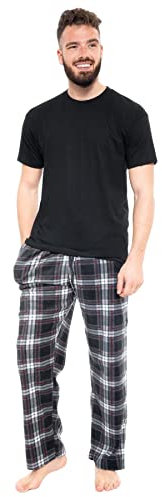 Style It Up Mens Short Sleeve Pyjama Set Cotton Top Brushed Fleece Bottoms PJ Loungewear/Nightwear (BLACK-CHAR CHECK, XL)