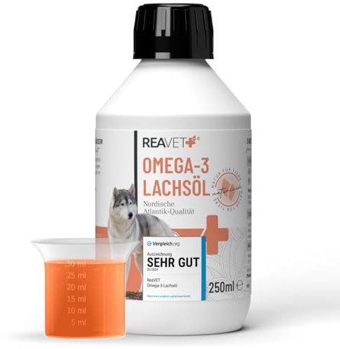 TESTURTEIL SEHR GUT 2025 ReaVET Lachsöl Hunde, Katze 250ml – Reich an Omega 3 & 6, Fischöl Hunde hochdosiert I Echte Lebensmittelqualität ohne Zusätze I Frisch abgefüllt in Deutschland