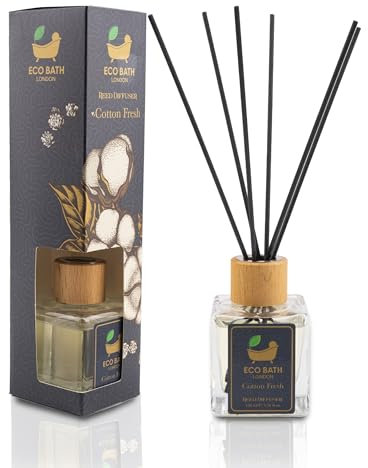 Eco Bath London Cotton Fresh Reed Diffuser 100ml (3.38 Fl.Oz) - Luxurious Calming Reed Diffuser for Home Fragrance, Essential Oil Room Diffuser