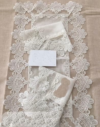 Corredocasa Tris Centrino in Pizzo Articolo Perla Puro Lino per una Tavola da Pranzo Elegante Manifattura italiana con Particolari Ricami Artigianali fatti a Mano Casa o Villa (Tris Centri Panna)